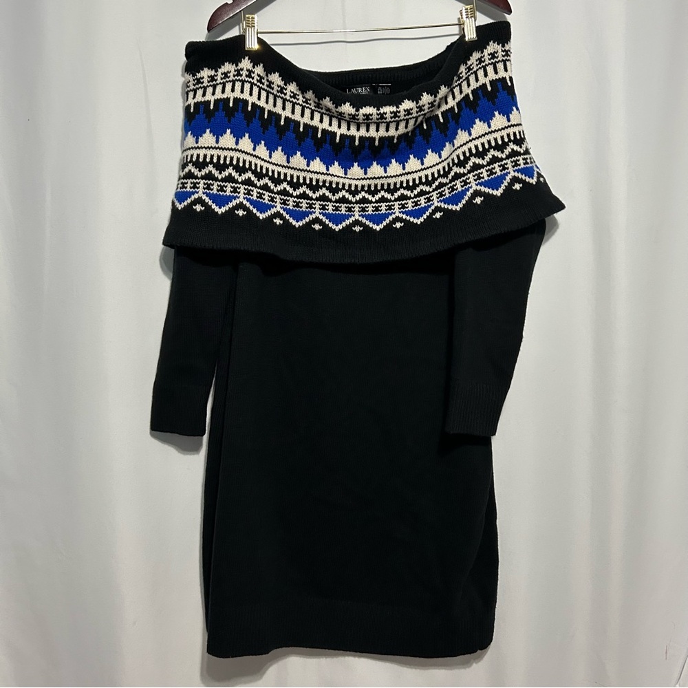 Lauren Ralph Lauren Off The Shoulder Fair Isle Sweater Dress Wool Blend Sz 2xNew